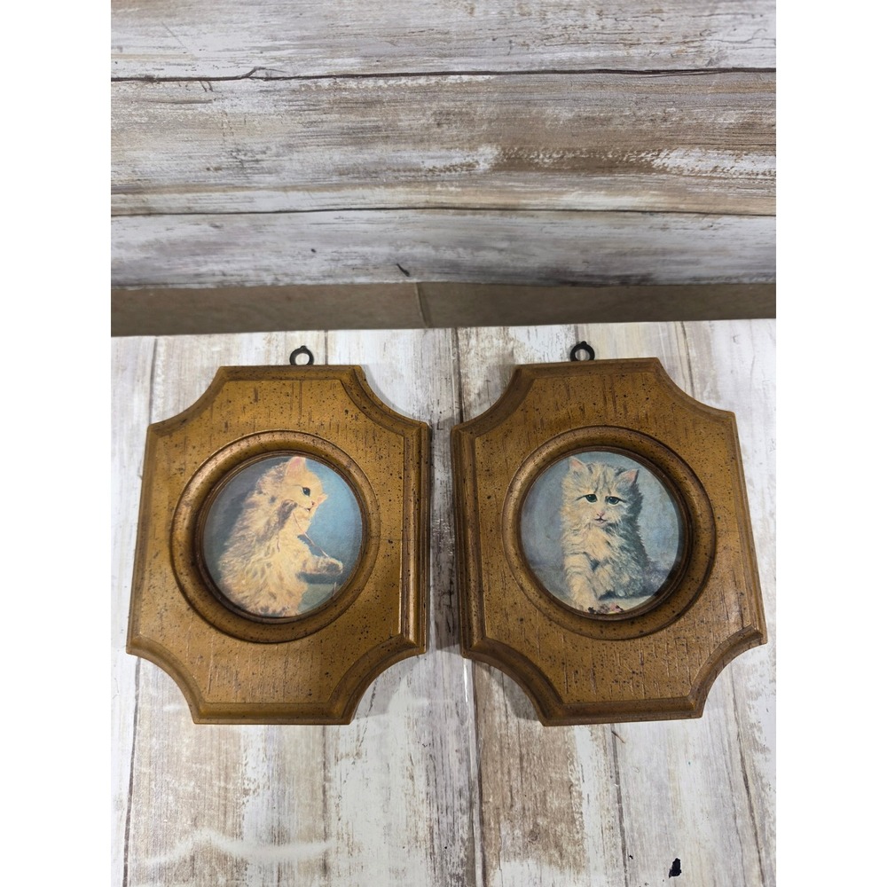 Vintage MCM Kitten Prints Pair Faux Wood Plastic Frames Retro Cat Wall Art